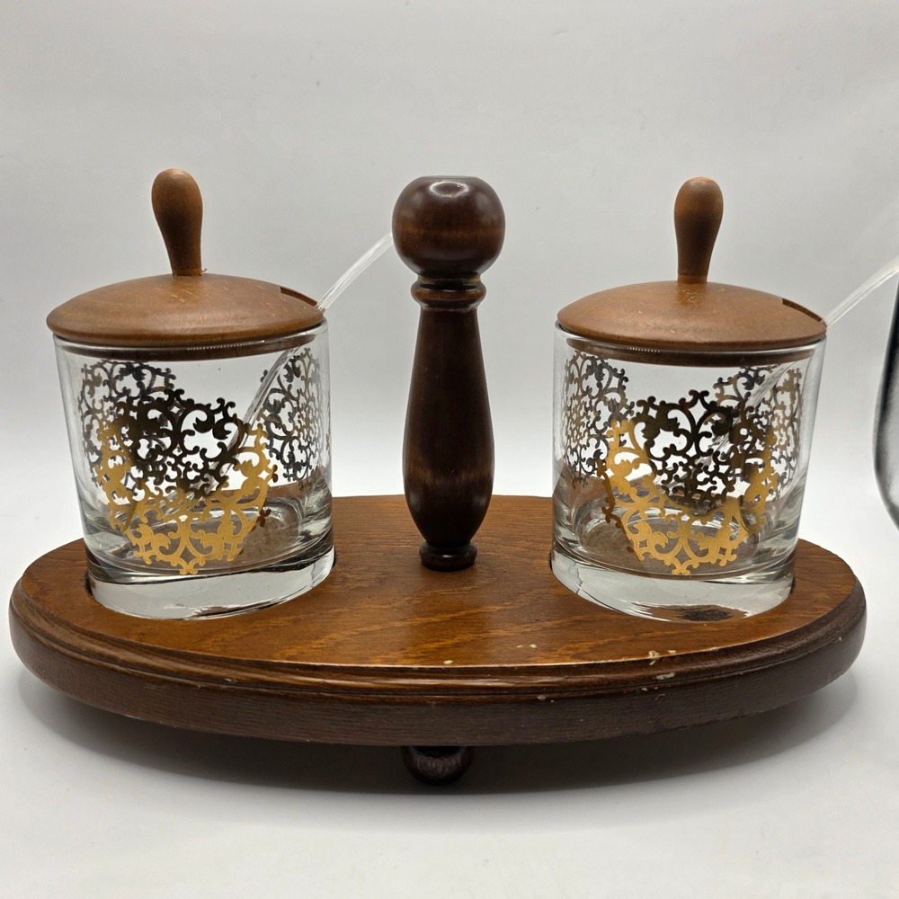 Vintage Mid Century Condiment Set Gold Filigree Glass Jars Wood Tray Spoons